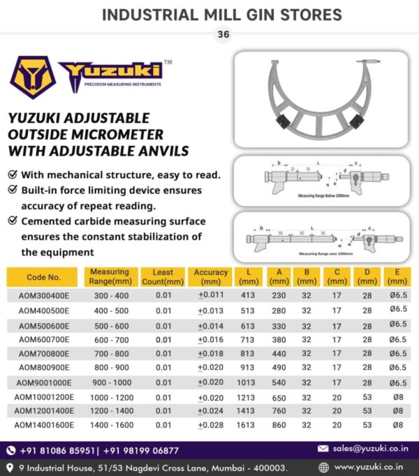 Yuzuki® Adjustable Outside Micrometer with Adjustable Anvils - Image 3
