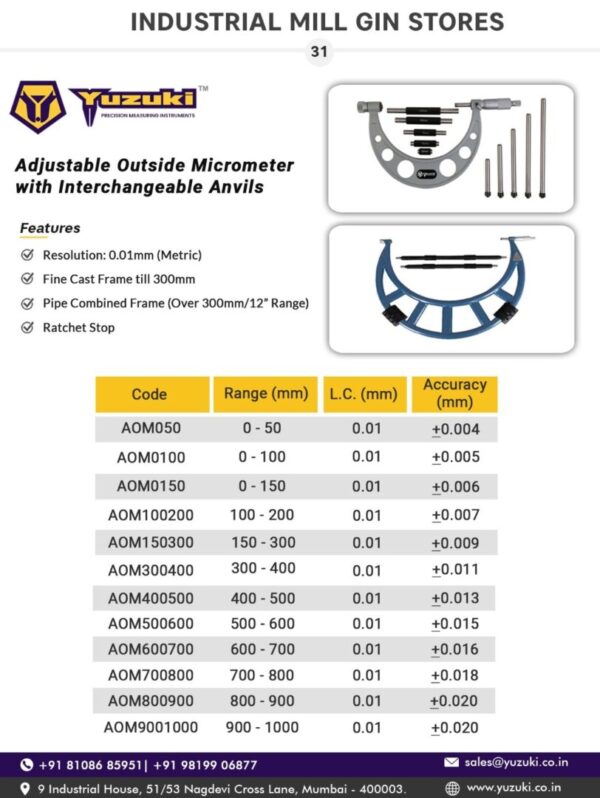 Yuzuki® Adjustable Outside Micrometer with Interchangeable Anvils - Image 2